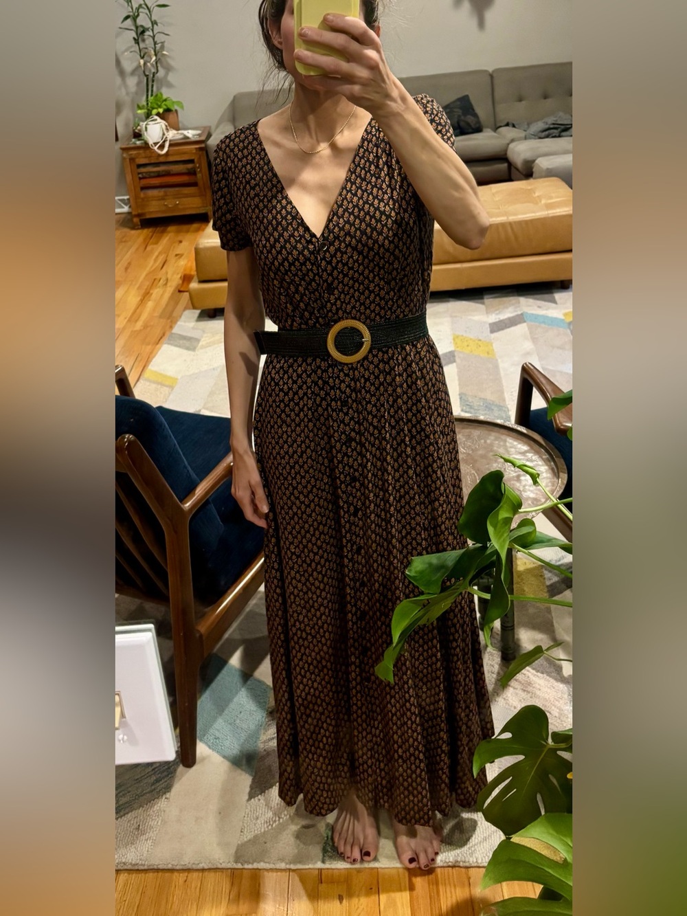 Frye Brown Patterned V-Neck Maxi Dress